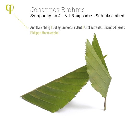 Johannes Brahms Symphony no.4 - Alt-Rhapsodie - Schicksalslied Ann Hallenberg, Collegium Vocale Gent, Orchestre des Champs-Élysées, Philippe Herreweghe. Twee groene bladeren op een witte achtergrond.
