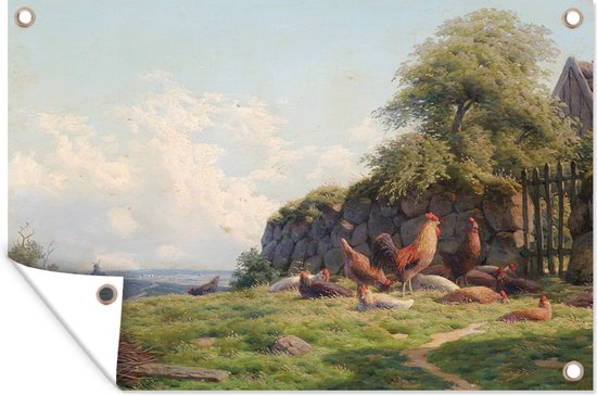 Kippen voor een stenen muur buiten een rietgedekte boerderij - Schilderij van Carl Bartsch