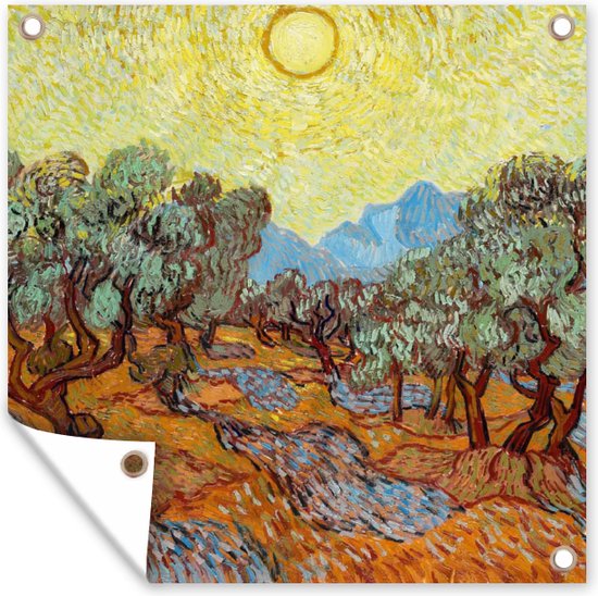 Tuindoek Olijfbomen met gele hemel en zon - Schilderij van Vincent van Gogh - 100x100 cm