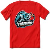 Fishing - Vissen T-Shirt | Grappig Verjaardag Vis Hobby Cadeau Shirt | Dames - Heren - Unisex | Tshirt Hengelsport Kleding Kado - Rood - S