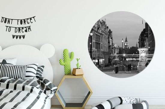 WallCircle - Wandcirkel - Muurcirkel - Druk verkeer rondom het Trafalgar Square in Londen -zwart-wit - Aluminium - Dibond - ⌀ 140 cm - Binnen en Buiten