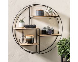 LIFA LIVING Wandrek Ronda - Wandplank Industrieel - Metaal en MDF Hout - 4 Planken - Rond Kruidenrek - Zwart - Voor Keuken, Slaapkamer, Woonkamer - 55 x 11 x 55 cm