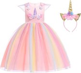 Joya® Roze Eenhoorn Verkleed Jurk | Unicorn Jurk kostuum | Prinsessen jurk verkleedjurk + Haarband | Maat 116-122 (120) | Halloween verkleedjurk meisje