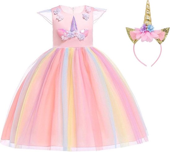 Roze Eenhoorn Verkleed Jurk | Unicorn Jurk kostuum | Prinsessen jurk verkleedjurk + Haarband | Maat 116-122 (120) | cadeau meisje