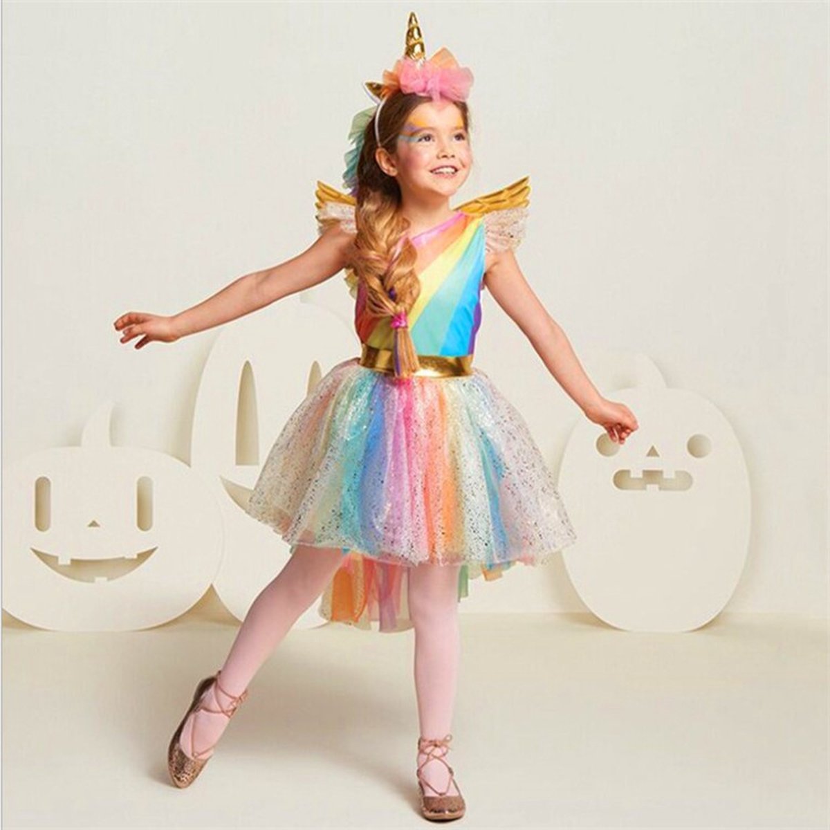 Joya Kids® Regenboog Eenhoorn Verkleed Jurk Set | Unicorn Jurk kostuum | Prinsessen jurk verkleedjurk + Haarband | (M) | Cadeau meisje — afbeelding 6