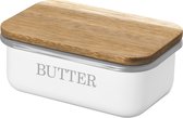 Navaris botervloot met houten deksel - Van metaal in wit - Met siliconen afdichtring - 15,5 x 10,5 x 6 cm - Boterhouder voor boter en ander voedsel