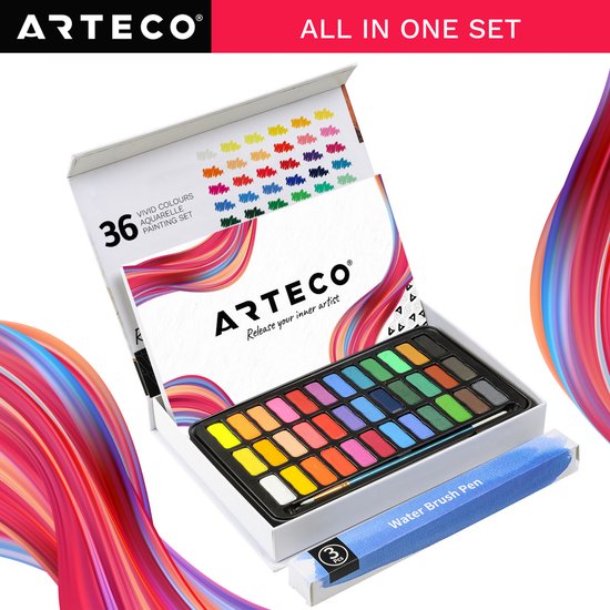 ARTECO® 36 Kleuren Aquarelverf Set – Inclusief 3 Water Brush Pennen en Aquarelpapier - Waterverf - Cadeau
