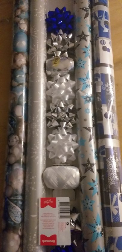 Foto: Set 4 geschenkpapier rollen kerst 70 x 200cm 7 strikken 2 rollen lint blauw