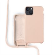 Coverzs Silicone case met koord - Telefoonhoesje met koord - Backcover hoesje met koord - touwtje - geschikt voor Apple iPhone 13 Mini - roze