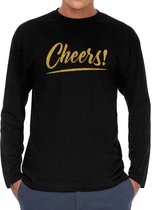 Cheers longsleeve zwart met gouden glitter tekst heren - Oud en Nieuw / Glitter en Glamour goud party kleding shirt met lange mouwen S