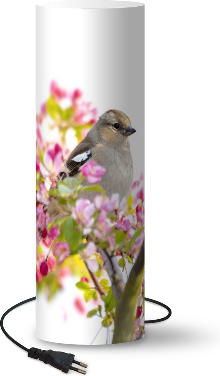 Lamp - Nachtlampje - Tafellamp slaapkamer - Vogel tussen roze bloemen - 70 cm hoog - Ø22.3 cm - Inclusief LED lamp