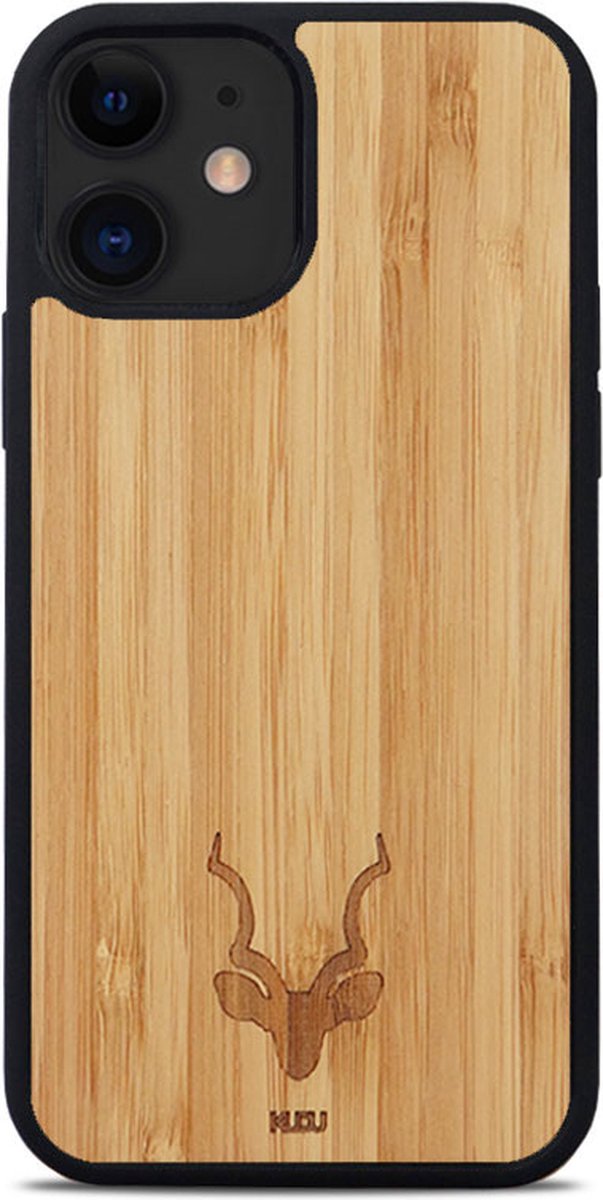 Kudu iPhone 12 MINI hoesje case - Houten backcover - Handgemaakt en afgewerkt met duurzaam TPU - Bamboe - Zwart