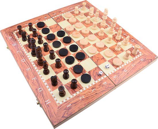 Thumbnail van een extra afbeelding van het spel 3 in 1 Schaakbord | Dambord | Backgammon | Hout | Schaakset | 48 x 48 cm