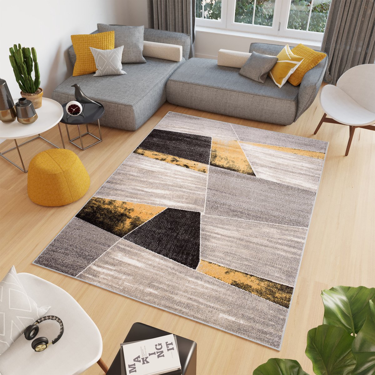 Tapiso Elefanta Vloerkleed Grijs Zwart Geel Modern Woonkamer Tapijt Maat- 60x100 Grijs Zwart Geel 1