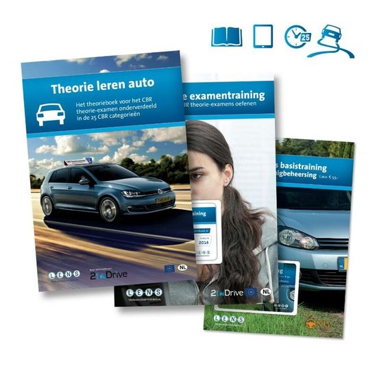 Drie studiematerialen voor het theorie-examen auto: theorieboek, examentraining en basistraining rijbeheersing.