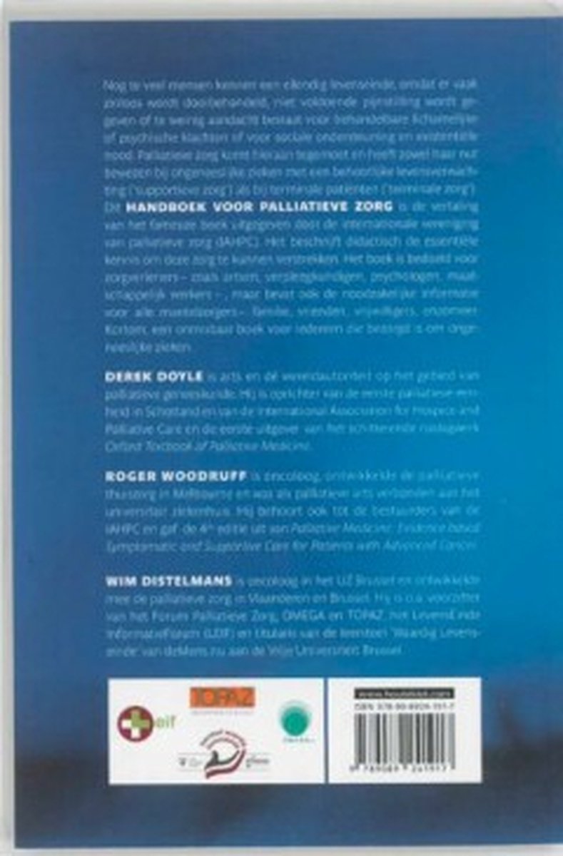 Achterkant boek "Handboek voor palliatieve zorg" met tekst en logo's.