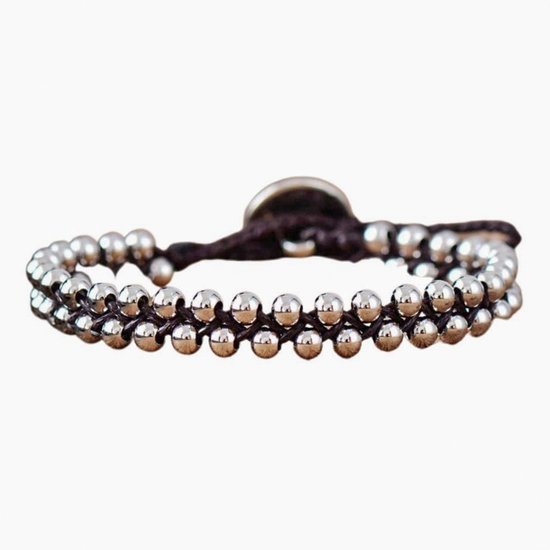 Marama - bracelet Silver Dots - cuir noir - unisexe - 17,5 cm. - bracelet minimaliste - cadeau saint valentin pour elle et lui
