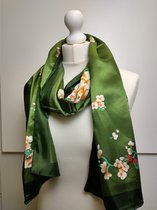Lange dames sjaal Adinda gebloemd motief groen wit rood bruin oranje zwart
