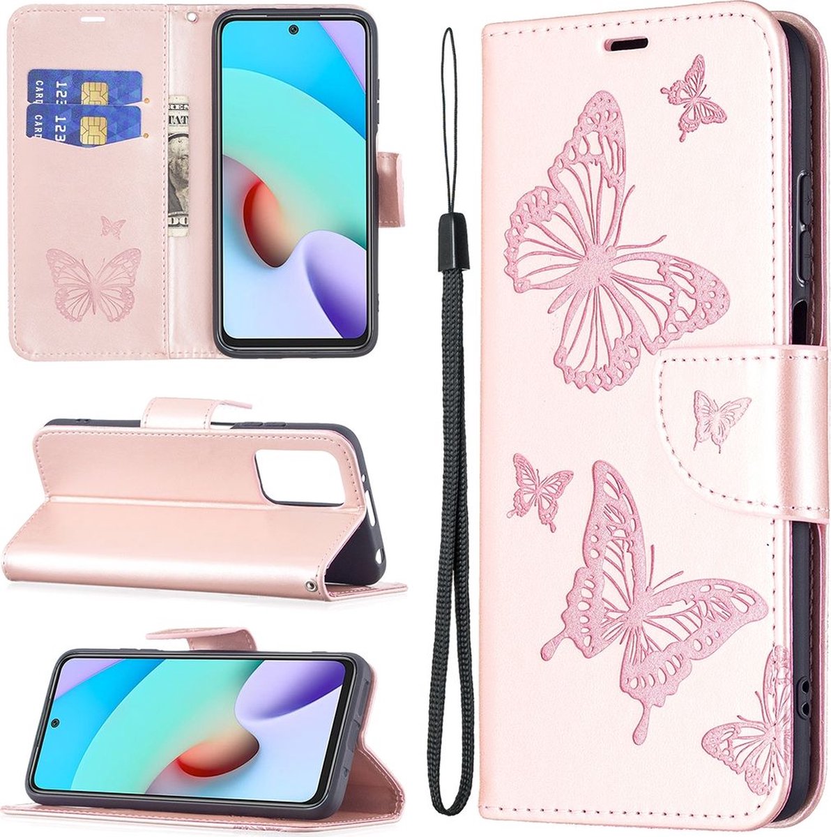 Mobigear Telefoonhoesje geschikt voor Xiaomi Redmi 10 4G Hoesje | Mobigear Butterfly Bookcase Portemonnee | Pasjeshouder voor 2 Pasjes | Telefoonhoesje voor Pinpas / OV Kaart / Rijbewijs - Roségoud