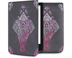 kwmobile e-reader hoesje geschikt voor Pocketbook Touch Lux 4/5/HD 3/Color 2020/ Vivlio Lux 5 hoes - E reader flip case met magnetische sluiting - Ereader cover - Olifantentekening design in roze / antraciet