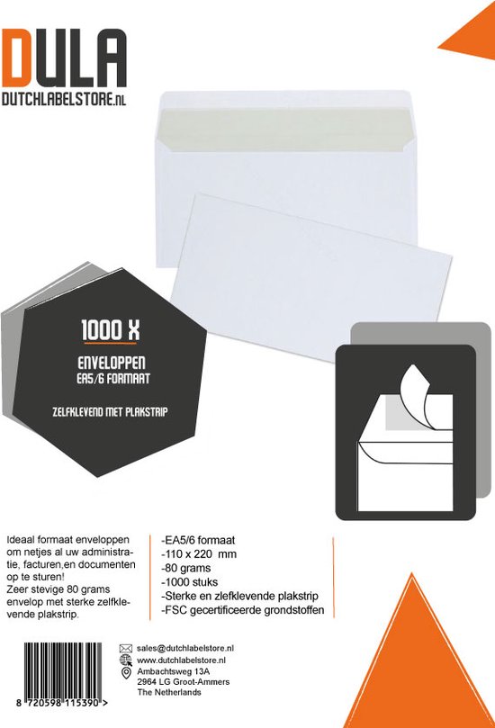 EA5/6 Enveloppen - 110 x 220 mm - 1000 Stuks - Zelfklevend met plakstrip - 80 gram - DULA