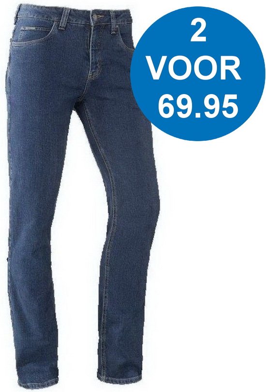 Blauwe stretch jeans voor heren, met opdruk '2 VOOR 69.95'.