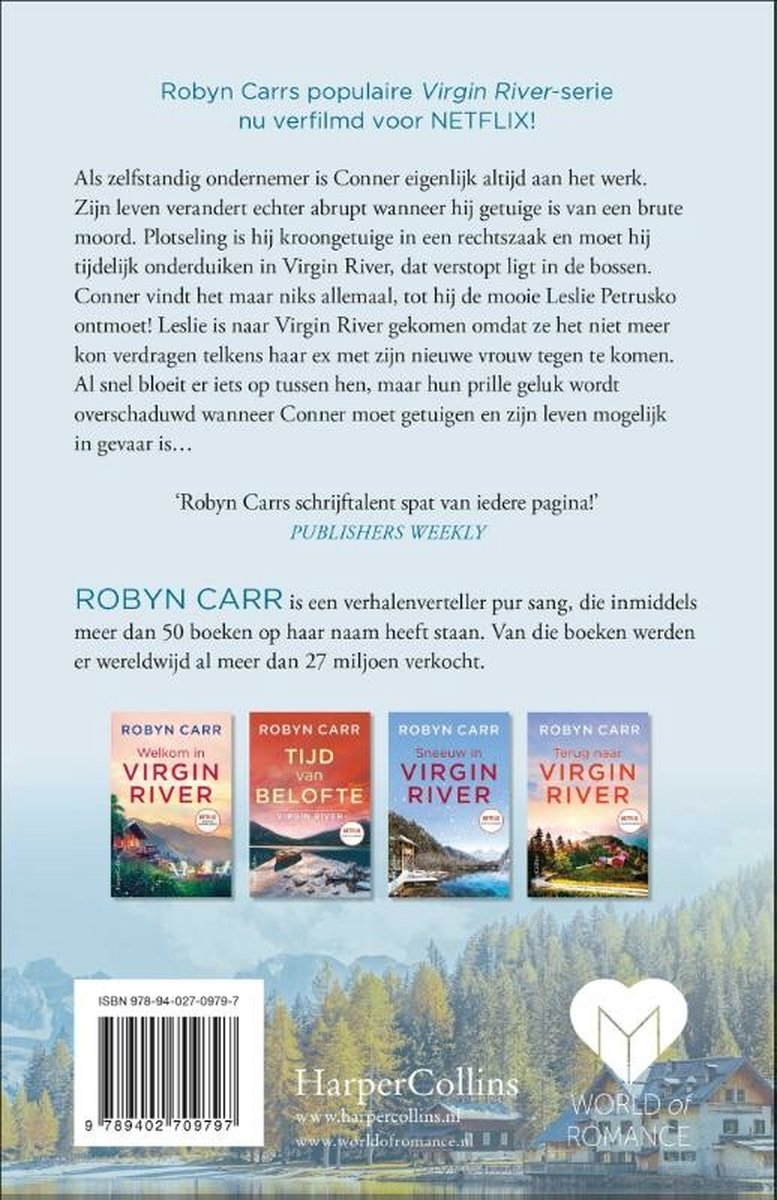 Achterkant van een boek met tekst, vier kleine boekcovers van de Virgin River serie en een streepjescode.