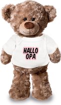 Hallo opa roze pluche teddybeer knuffel 24 cm wit t-shirt - Zwangerschap aankondiging dochter - Cadeau gender reveal