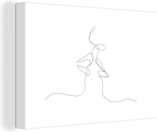 Canvas Schilderij Koppel - Lippen - Line art - 30x20 cm - Wanddecoratie