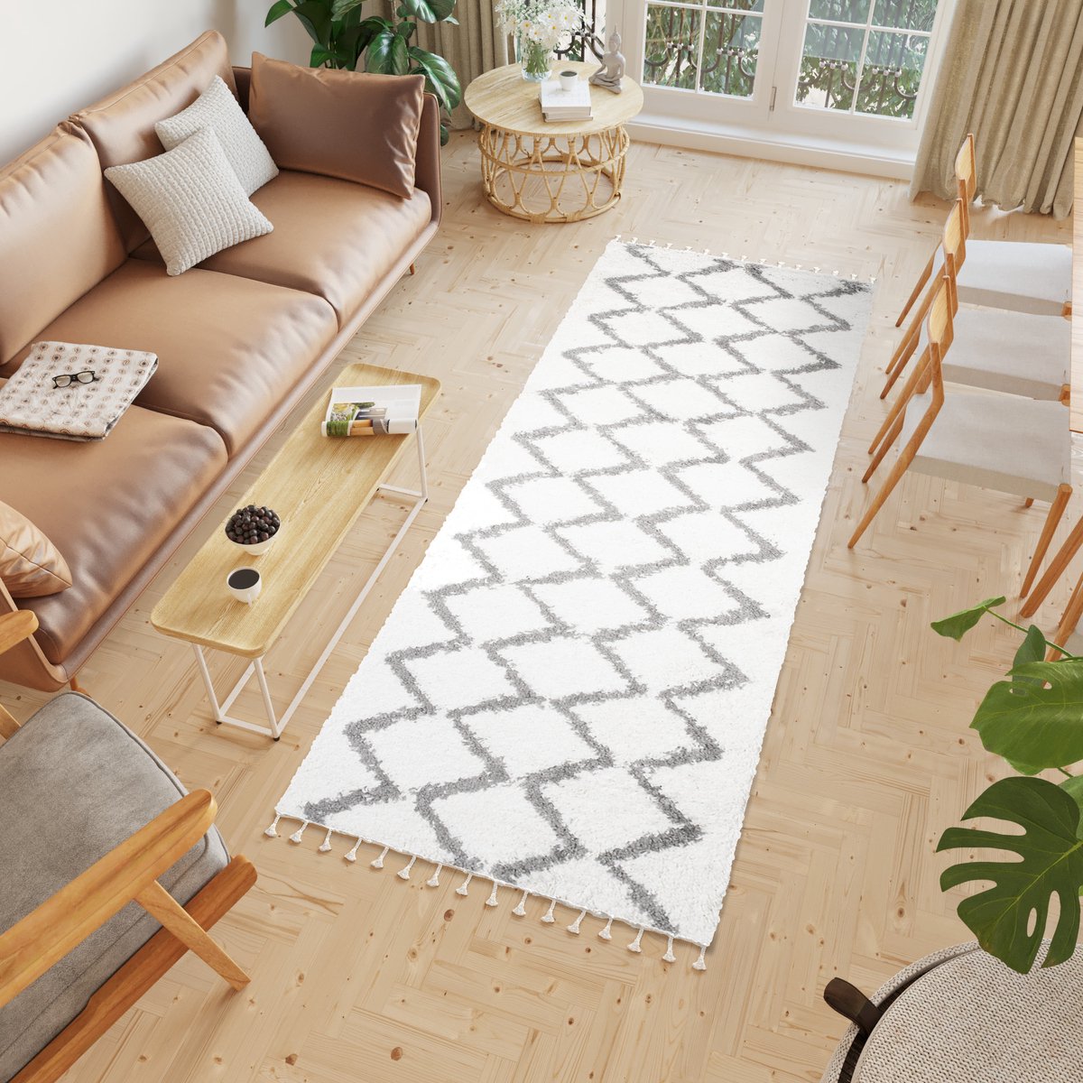 Tapiso Boho Loper Beige Grijs Hoogpolig Kwastjes Woonkamer Vloerkleed Maat- 100x150