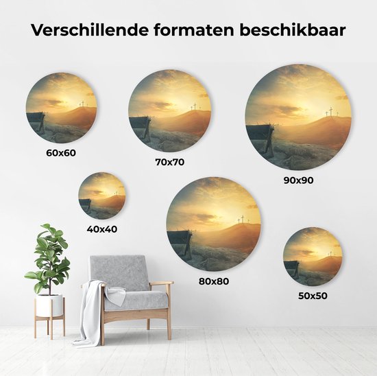 Artaza Dibond Muurcirkel Kribbe en Drie Kruisen  - Ø 60 cm - Wandcirkel - Rond Schilderij - Voor Binnen en Buiten