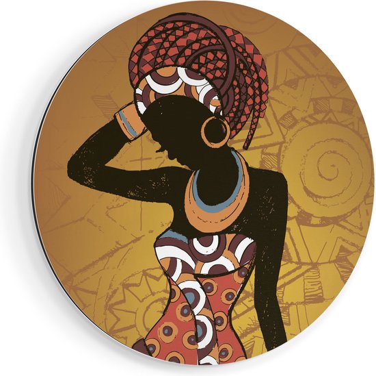 Artaza Dibond Muurcirkel - Getekende Afrikaanse Vrouw - Abstract - Ø 70 cm - Wandcirkel - Rond Schilderij - Voor Binnen en Buiten