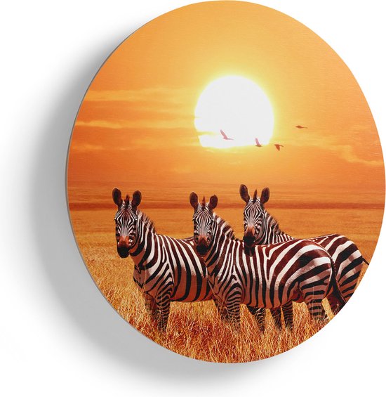 Artaza Houten Muurcirkel - Drie Zebra's Bij Zonsondergang - Ø 80 cm - Groot - Multiplex Wandcirkel - Rond Schilderij