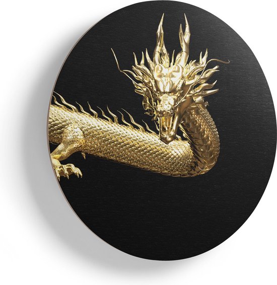 Artaza Houten Muurcirkel - Gouden Draak - Ø 50 cm - Klein - Multiplex Wandcirkel - Rond Schilderij