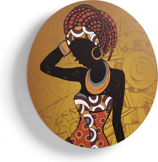 Artaza Houten Muurcirkel - Getekende Afrikaanse Vrouw - Abstract - Ø 50 cm - Klein - Multiplex Wandcirkel - Rond Schilderij