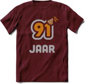 91 Jaar Feest T-Shirt | Goud - Zilver | Grappig Verjaardag Cadeau Shirt | Dames - Heren - Unisex | Tshirt Kleding Kado | - Burgundy - XXL