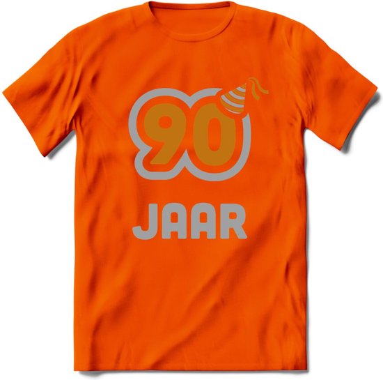 90 Jaar Feest T-Shirt | Goud - Zilver | Grappig Verjaardag Cadeau Shirt | Dames - Heren - Unisex | Tshirt Kleding Kado | - Oranje - 3XL