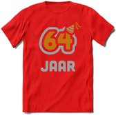 64 Jaar Feest T-Shirt | Goud - Zilver | Grappig Verjaardag Cadeau Shirt | Dames - Heren - Unisex | Tshirt Kleding Kado | - Rood - L