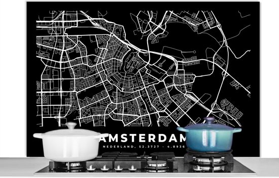 Spatscherm keuken 120x80 cm - Kookplaat achterwand Amsterdam - Kaart - Zwart - Muurbeschermer - Spatwand fornuis - Hoogwaardig aluminium