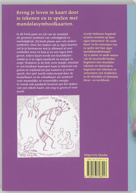 Achterkant boek 'Breng je leven in kaart door te tekenen en te spelen met mandalasymbolkaarten', paars met tekst en afbeeldingen.