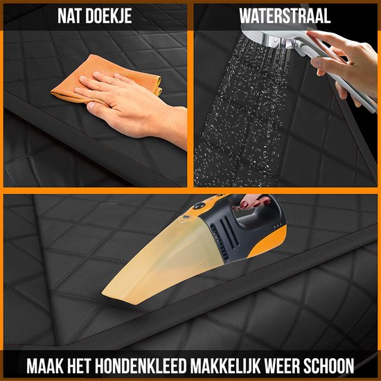 Demonstratie van het schoonmaken van de zwarte autodeken met een nat doekje, waterstraal en kruimeldief. Tekst: 'MAAK HET HONDENKLEED MAKKELIJK WEER SCHOON'.
