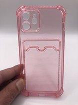 Premium Kwaliteit Anti Schok TPU back cover - Geschikt voor iPhone 12 - Siliconen hoesje met pasjes vakje - Roze/Doorzichtig