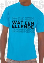 WAT EEN ELLENDE heren t-shirt - Azuur blauw met zwart - Maat XL - korte mouwen - leuke shirtjes - grappig - humor - quotes - kwoots - Wat een puinhoop