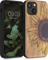 kwmobile telefoonhoesje geschikt voorApple iPhone 13 mini - Hoesje met bumper - kersenhout - In geel / donkerbruin / lichtbruin Wood Sunflower design
