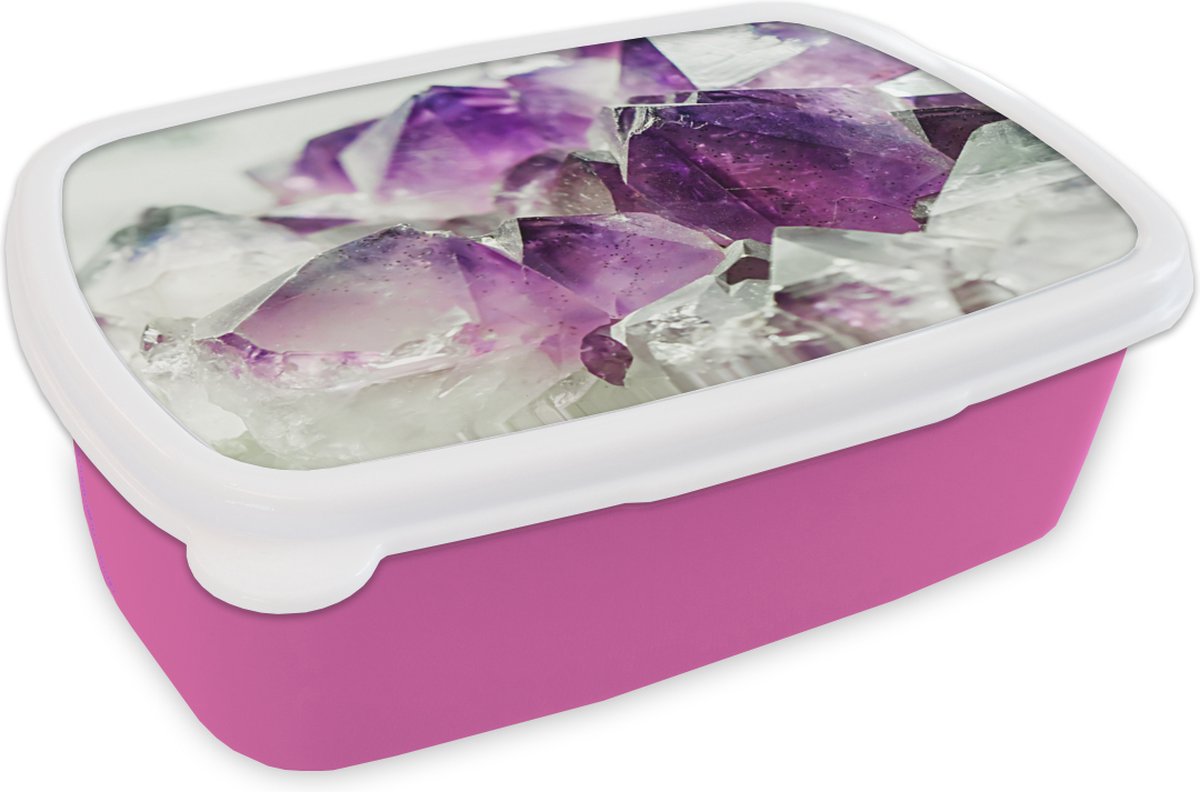 Broodtrommel Roze - Lunchbox - Brooddoos - Amethist edelsteen - 18x12x6 cm - Kinderen - Meisje