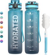 Drinkfles | Waterfles | Bpa-Vrij | Sportwaterfles | 2 stuks | Polsband | Lekbestendig | 1000Ml | Reinigingsborsel | Veiligheidsslot | Geleidelijk Blauw