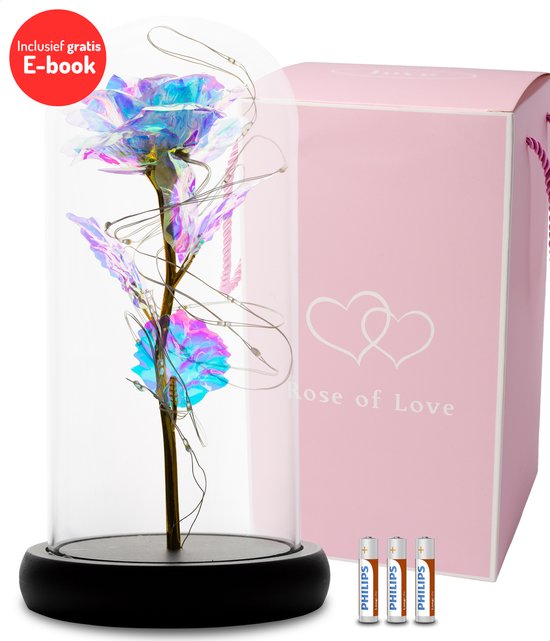 Galaxy Roos In Glazen Stolp - Uniek Cadeau Voor Kerst / Bruiloft / Verjaardag - Gouden Roos - Beauty And The Beast - In Liefdevolle Giftbag