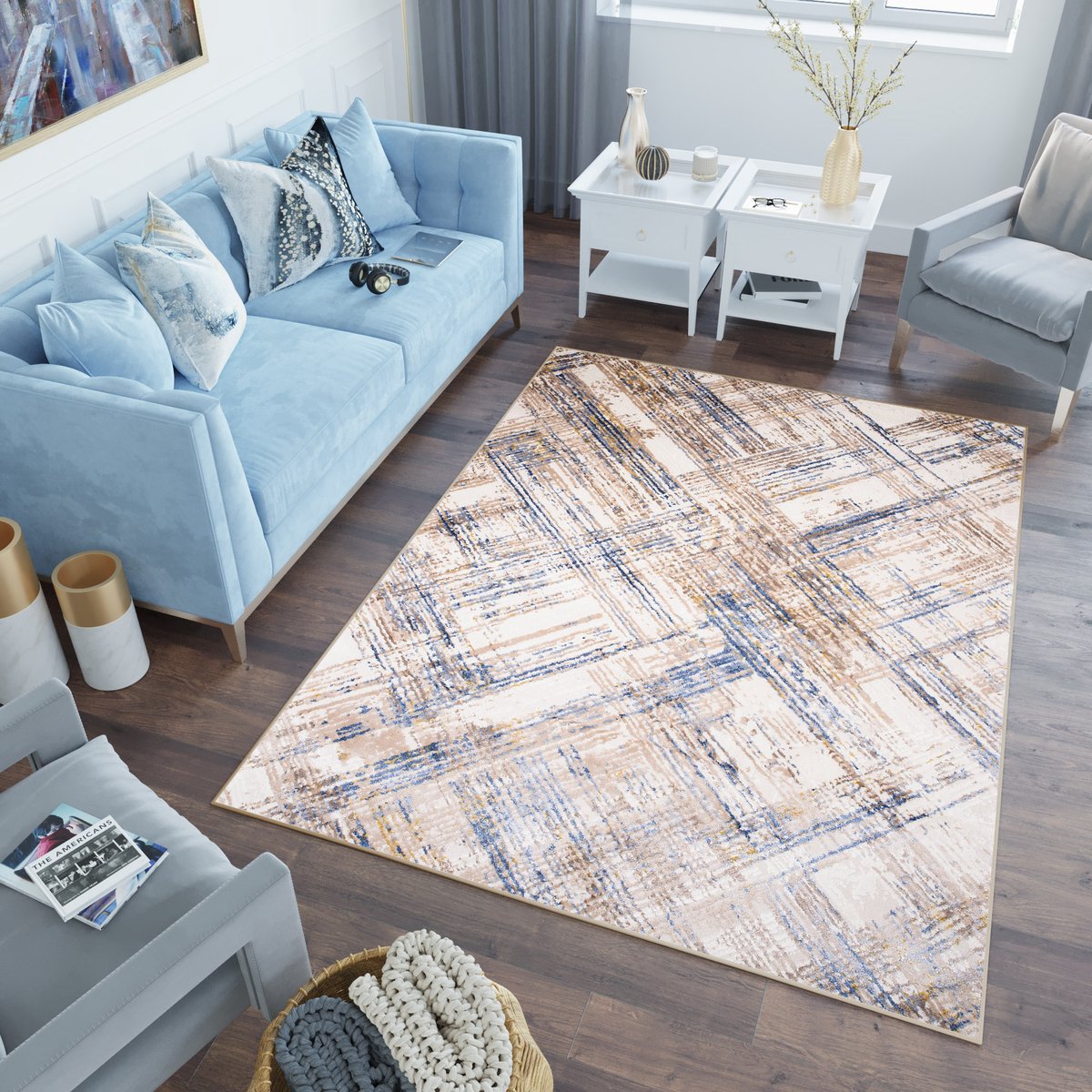 Tapiso Asthane Vloerkleed Beige Blauw Geruit Modern Woonkamer Tapijt Maat- 160x220