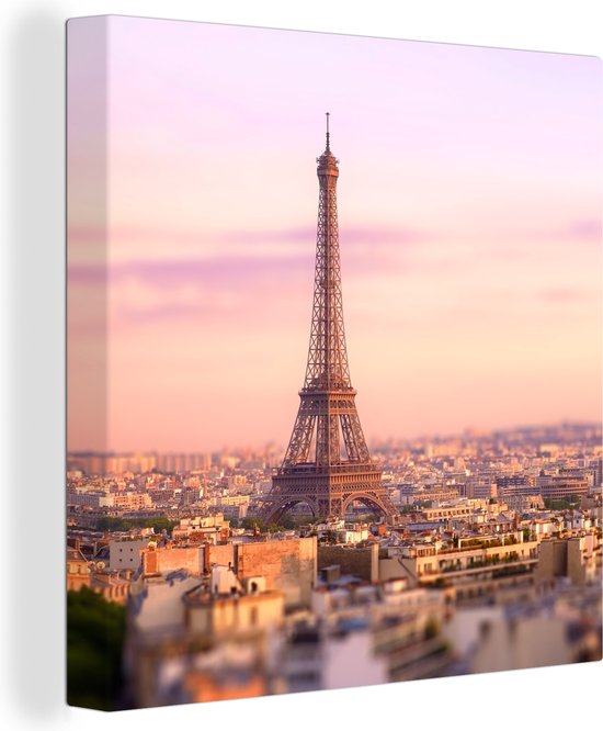 Canvas Schilderij Uitzicht over Parijs met de Eiffeltoren die erboven uit steekt - 20x20 cm - Wanddecoratie