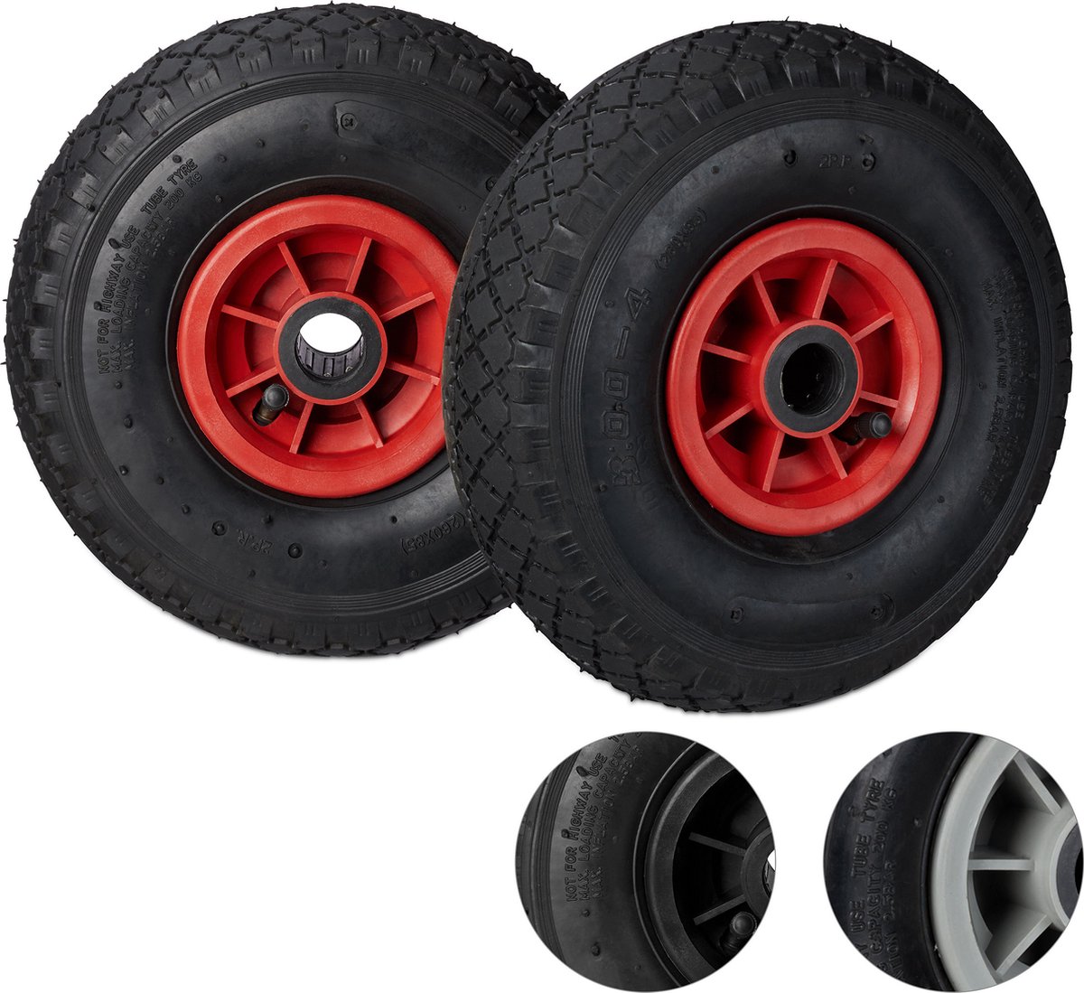 Relaxdays 2x steekwagenwiel 4.1/3.5-4, reserve luchtbanden, 16 mm as, tot 136 kg, 260x85mm, bolderkarwiel, zwart-rood
